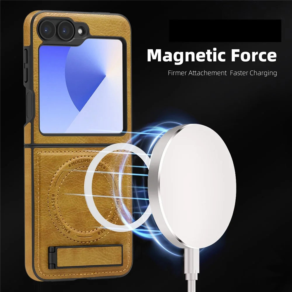 For Samsung Galaxy Z Flip7 FE 5G / Z Flip6 5G Magnetic Case with Folded Kickstand PC Silicone Leather Phone Back Cover  - Brown - 2