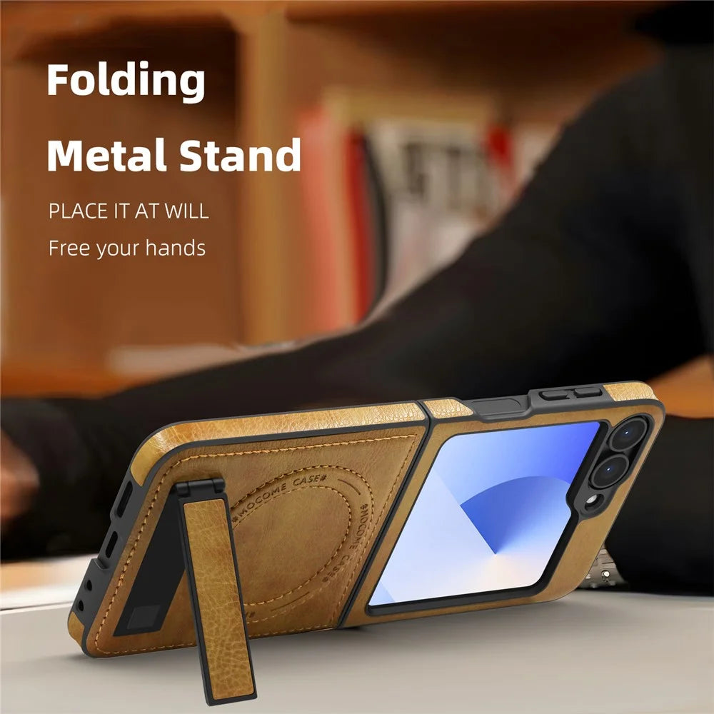For Samsung Galaxy Z Flip7 FE 5G / Z Flip6 5G Magnetic Case with Folded Kickstand PC Silicone Leather Phone Back Cover  - Brown - 3