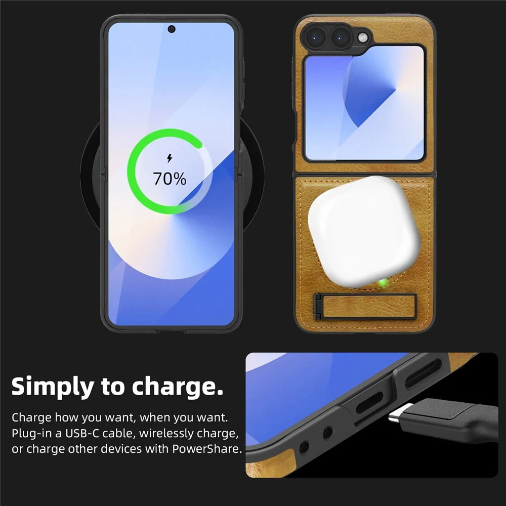For Samsung Galaxy Z Flip7 FE 5G / Z Flip6 5G Magnetic Case with Folded Kickstand PC Silicone Leather Phone Back Cover  - Brown - 4