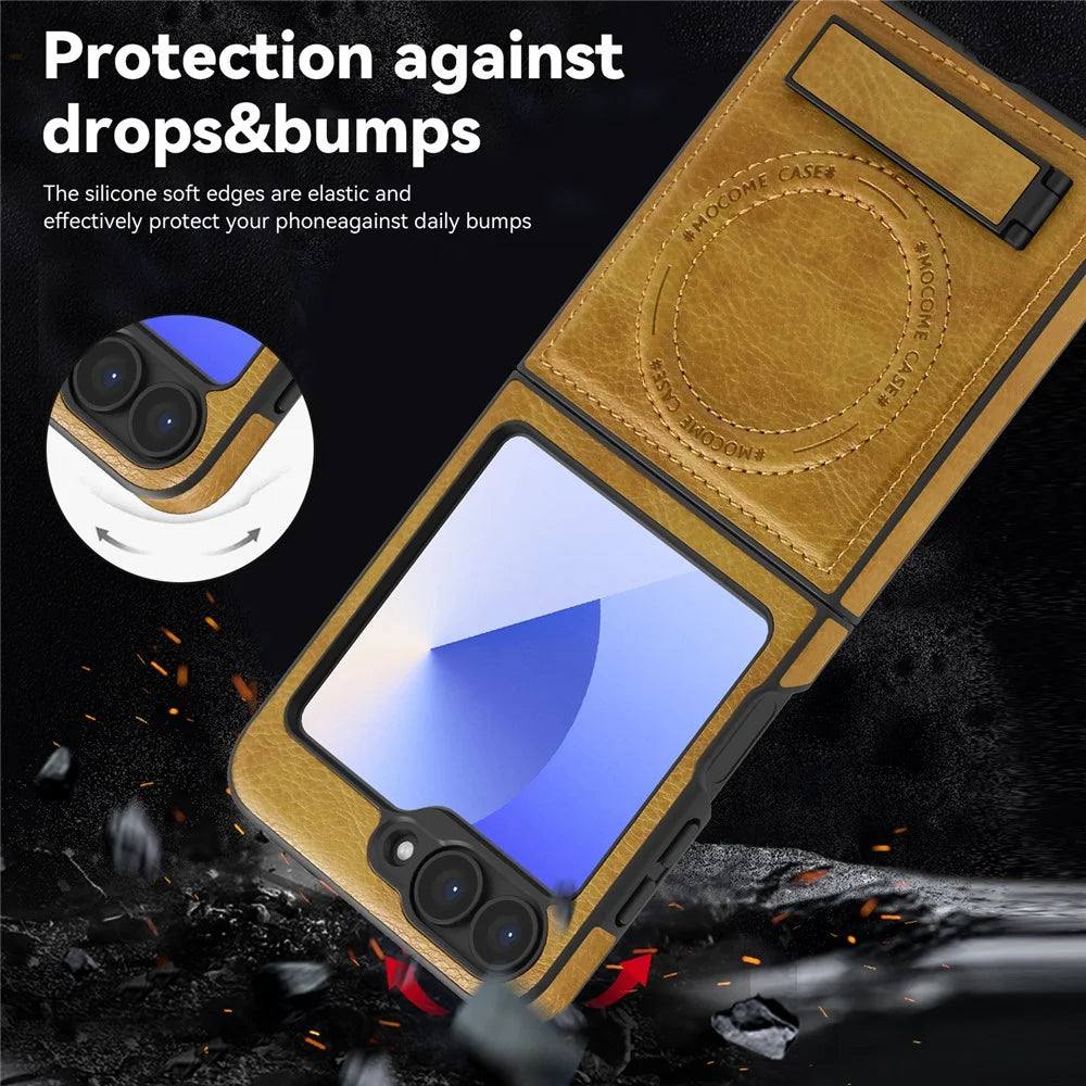For Samsung Galaxy Z Flip7 FE 5G / Z Flip6 5G Magnetic Case with Folded Kickstand PC Silicone Leather Phone Back Cover  - Brown - 5