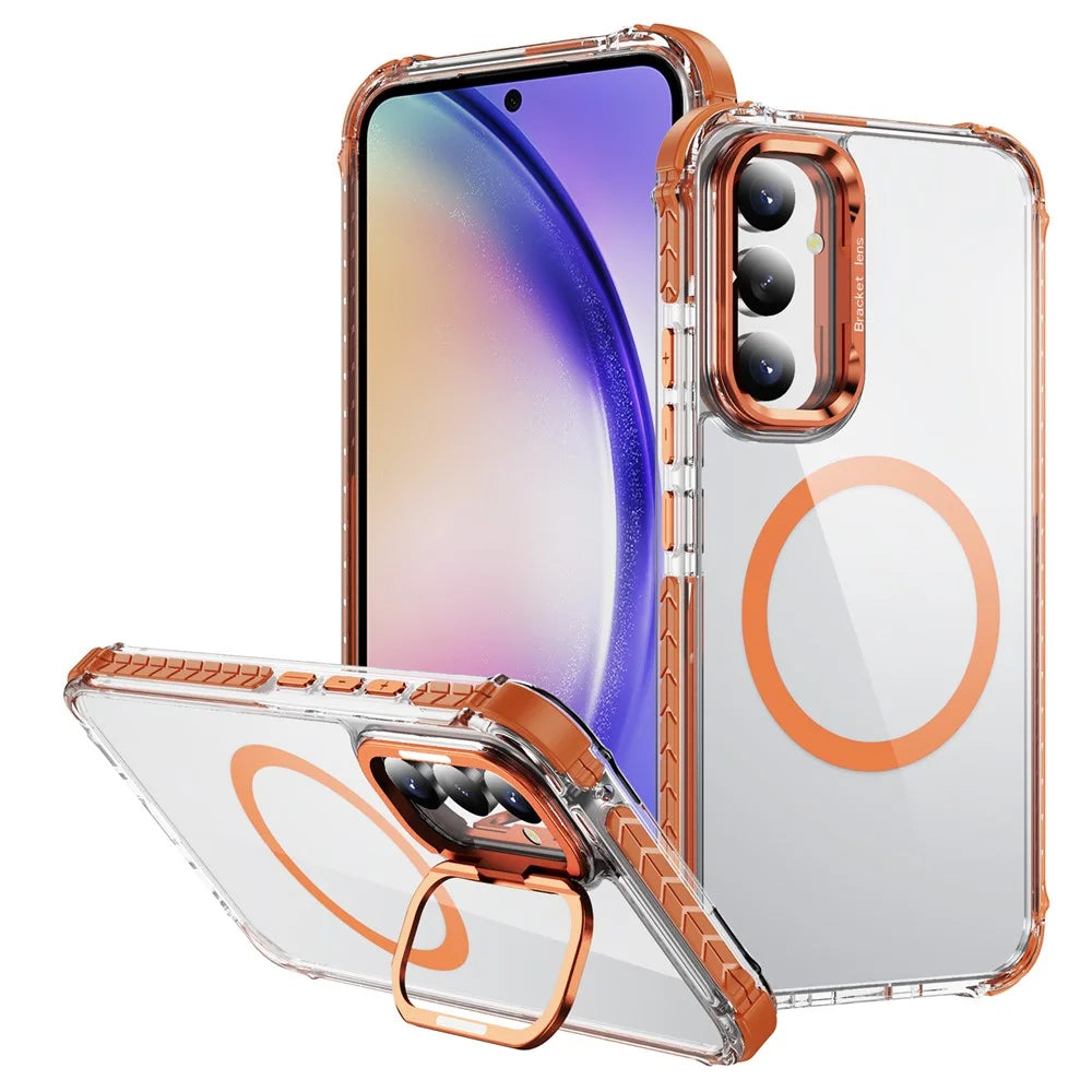 For Samsung Galaxy A54 5G Clear Phone Case with Lens Kickstand Cover Magnetic Case - Orange - 1