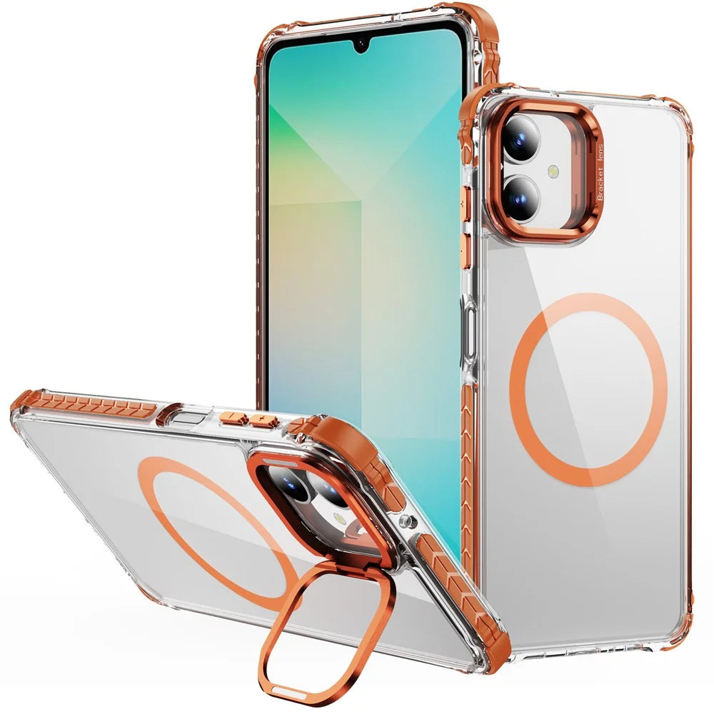 For Samsung Galaxy A06 4G Clear Phone Case with Lens Kickstand Cover Magnetic Case - Orange - 1