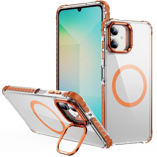 For Samsung Galaxy A06 4G Clear Phone Case with Lens Kickstand Cover Magnetic Case - Orange - 1