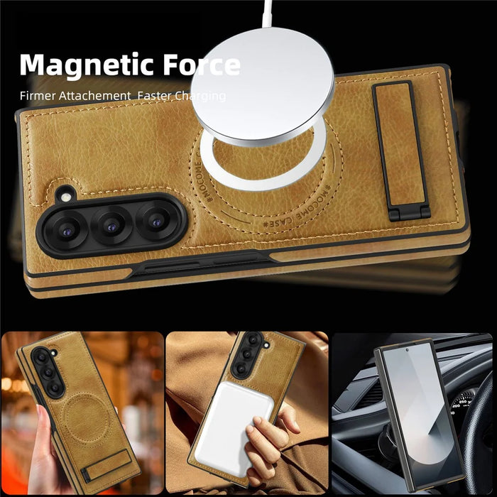 For Samsung Galaxy Z Fold6 5G Magnetic Case with Folded Kickstand PC Silicone Leather Phone Back Cover  - Brown - 2