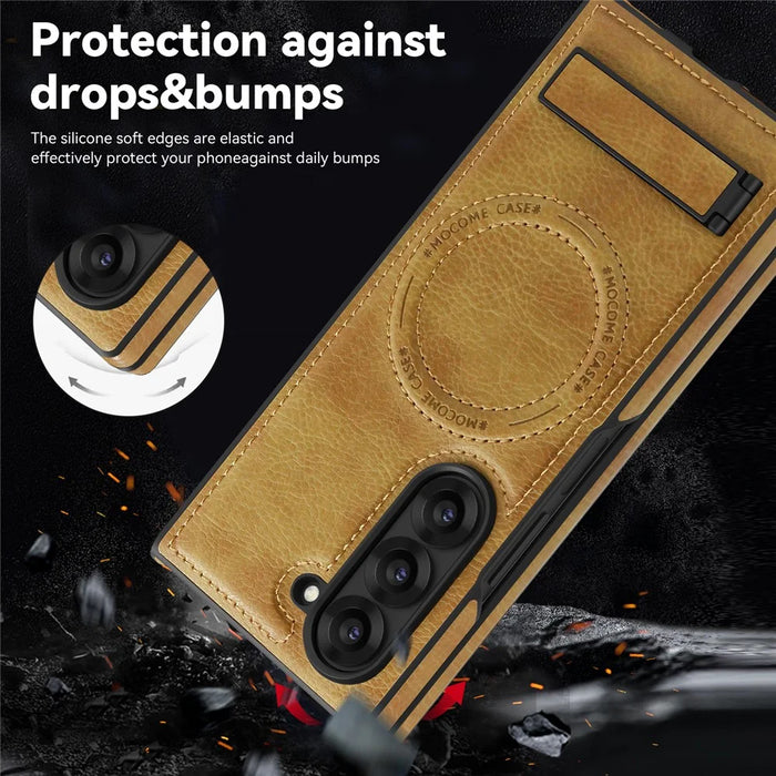 For Samsung Galaxy Z Fold6 5G Magnetic Case with Folded Kickstand PC Silicone Leather Phone Back Cover  - Brown - 3
