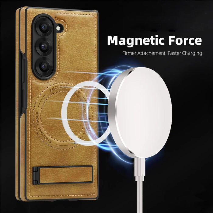 For Samsung Galaxy Z Fold6 5G Magnetic Case with Folded Kickstand PC Silicone Leather Phone Back Cover  - Brown - 6