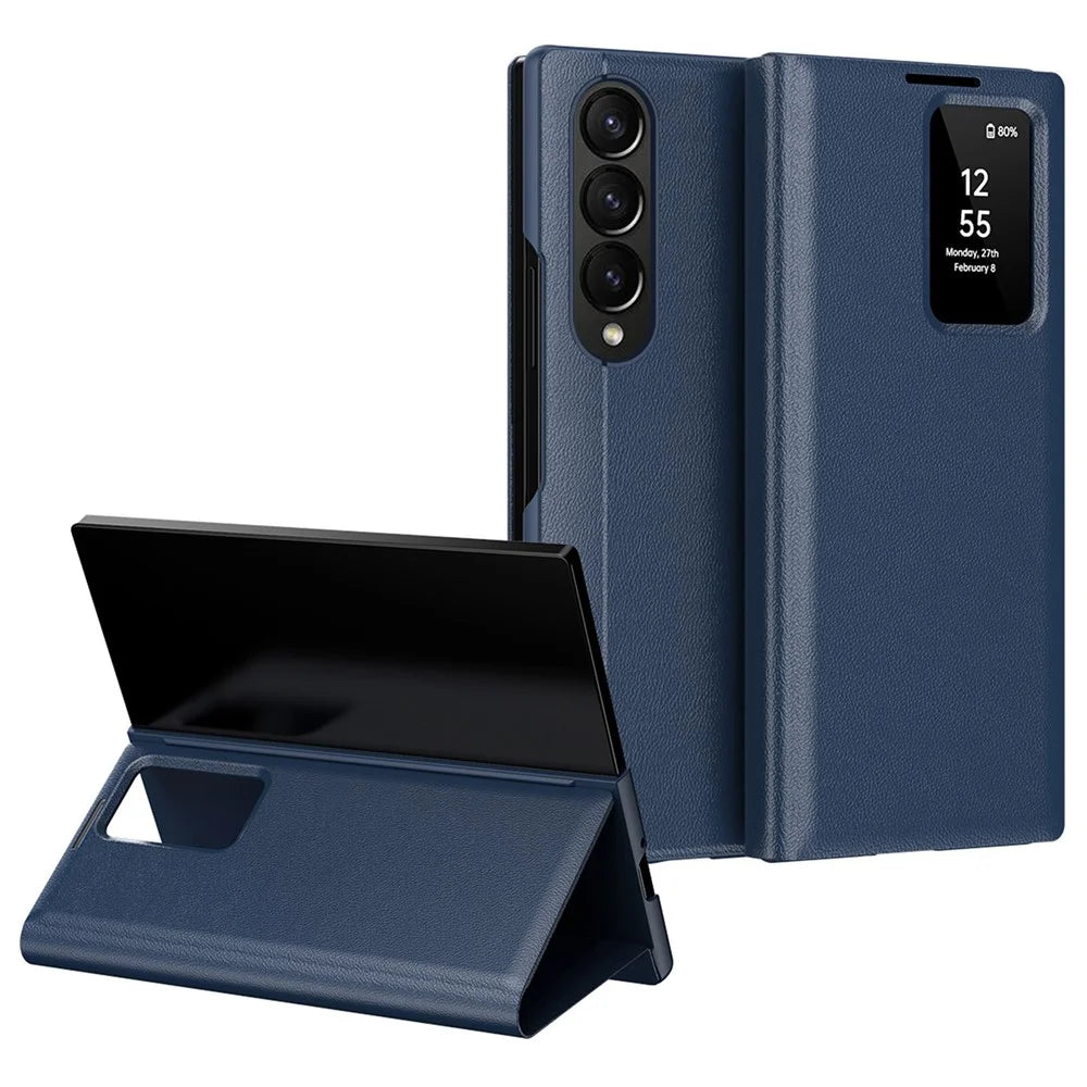 For Samsung Galaxy Z Fold3 5G Case Leather Phone Cover with View Window Card Slot - Sapphire - 1