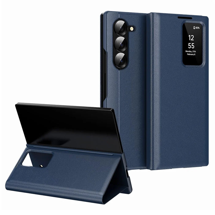 For Samsung Galaxy Z Fold6 5G Case with Card Holder Smart View Window Leather Phone Cover - Sapphire - 1