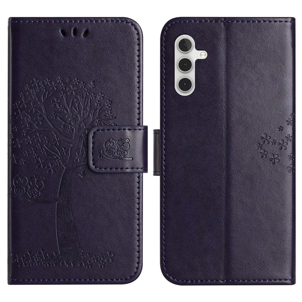 For Samsung Galaxy A37 5G / A36 5G Case PU Leather Owl Tree Imprinted Wallet Phone Cover - Dark Blue - 1