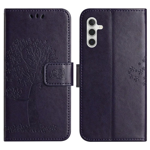For Samsung Galaxy A37 5G / A36 5G Case PU Leather Owl Tree Imprinted Wallet Phone Cover - Dark Blue - 1