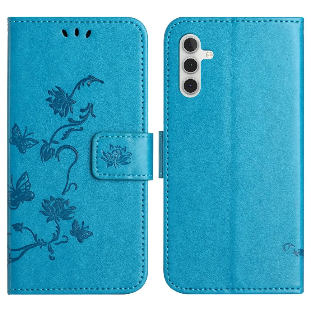 For Samsung Galaxy A56 5G Case Wallet Stand Imprinted Butterfly Flower PU Leather Phone Cover - Blue - 1
