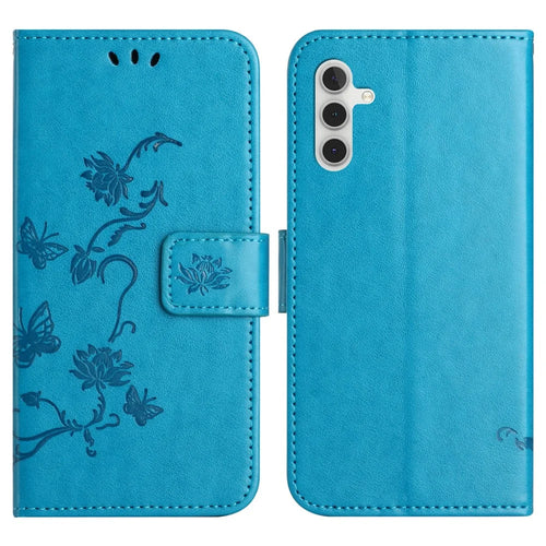 For Samsung Galaxy A56 5G Case Wallet Stand Imprinted Butterfly Flower PU Leather Phone Cover - Blue - 1