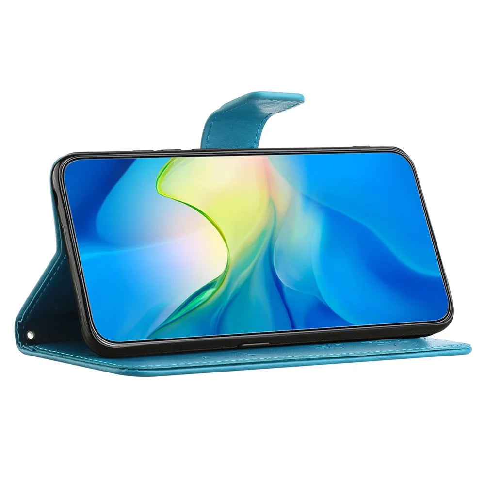 For Samsung Galaxy A56 5G Case Wallet Stand Imprinted Butterfly Flower PU Leather Phone Cover - Blue - 2