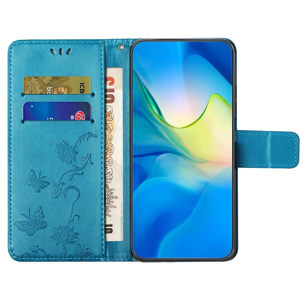 For Samsung Galaxy A56 5G Case Wallet Stand Imprinted Butterfly Flower PU Leather Phone Cover - Blue - 3