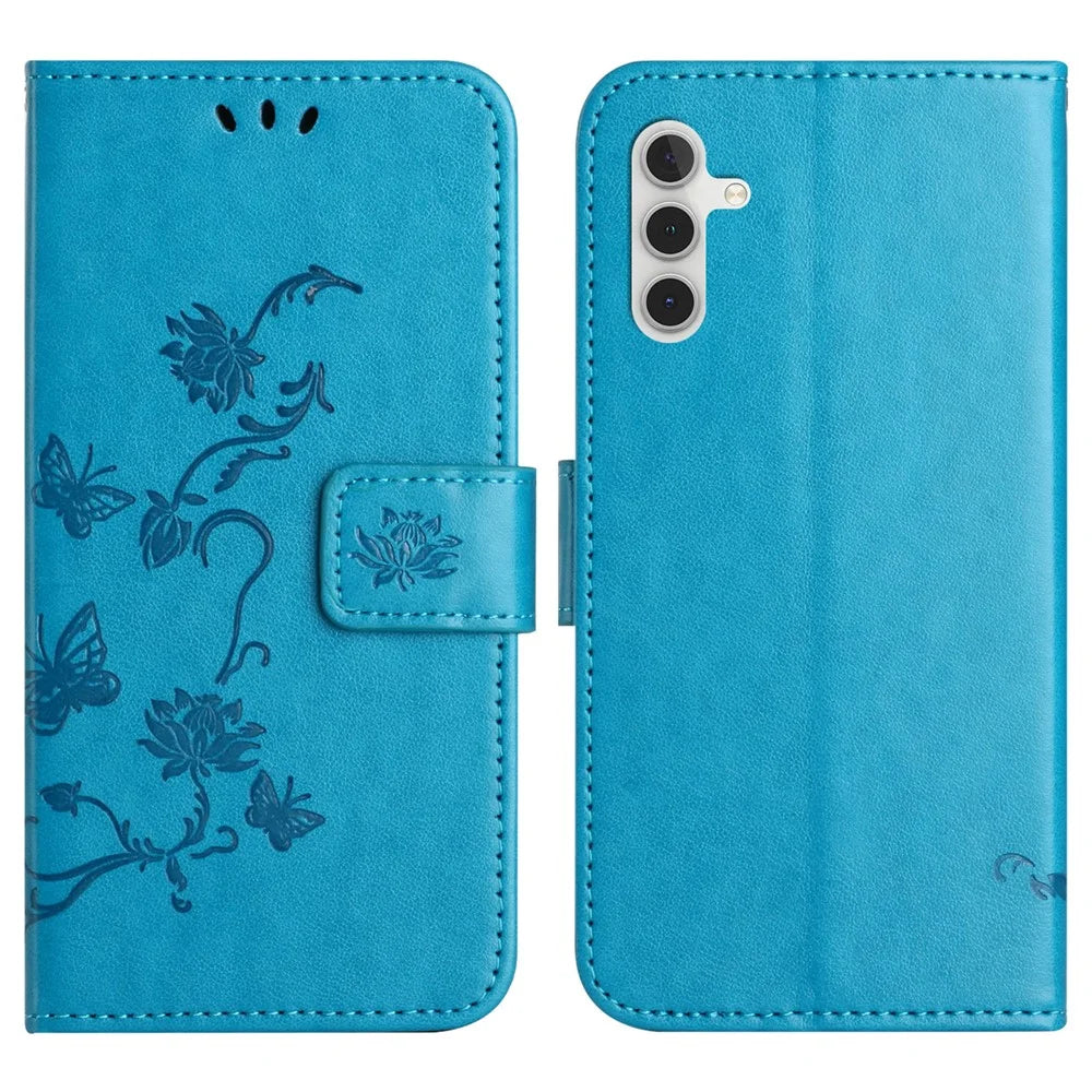 For Samsung Galaxy A37 5G / A36 5G Case Wallet Stand Imprinted Butterfly Flower PU Leather Phone Cover - Blue - 1