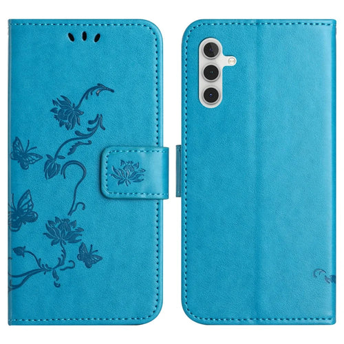For Samsung Galaxy A37 5G / A36 5G Case Wallet Stand Imprinted Butterfly Flower PU Leather Phone Cover - Blue - 1