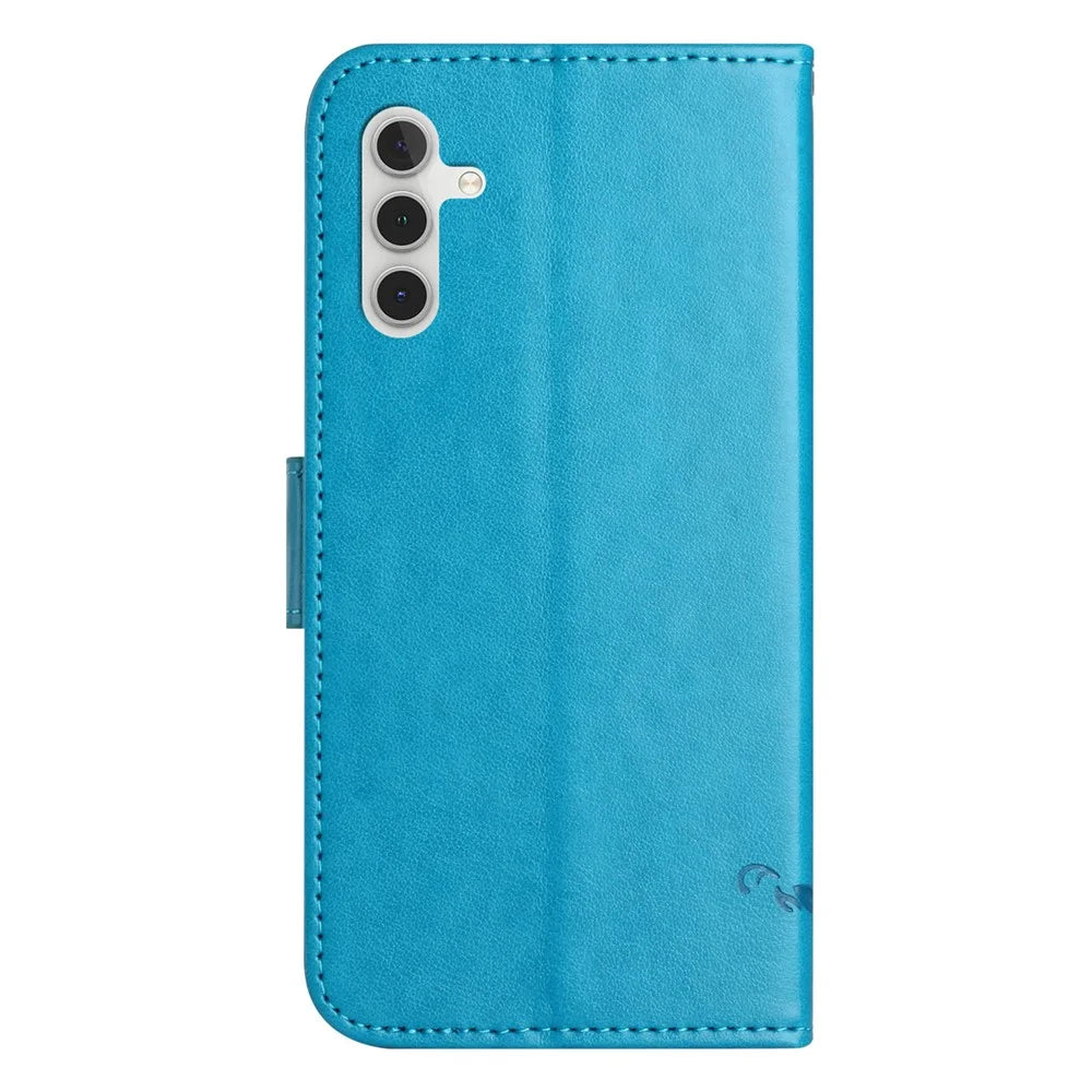 For Samsung Galaxy A37 5G / A36 5G Case Wallet Stand Imprinted Butterfly Flower PU Leather Phone Cover - Blue - 5