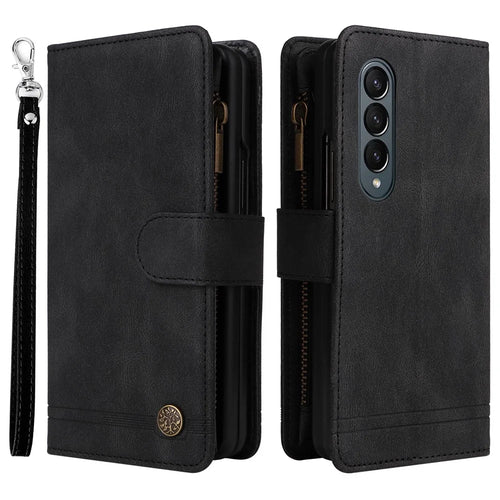 For Samsung Galaxy Z Fold4 5G Shockproof Zipper Pocket Phone Case Imprinted Skin-touch Wallet Stand PU Leather Cell Phone Cover with Multiple Card Slots - Black - 1