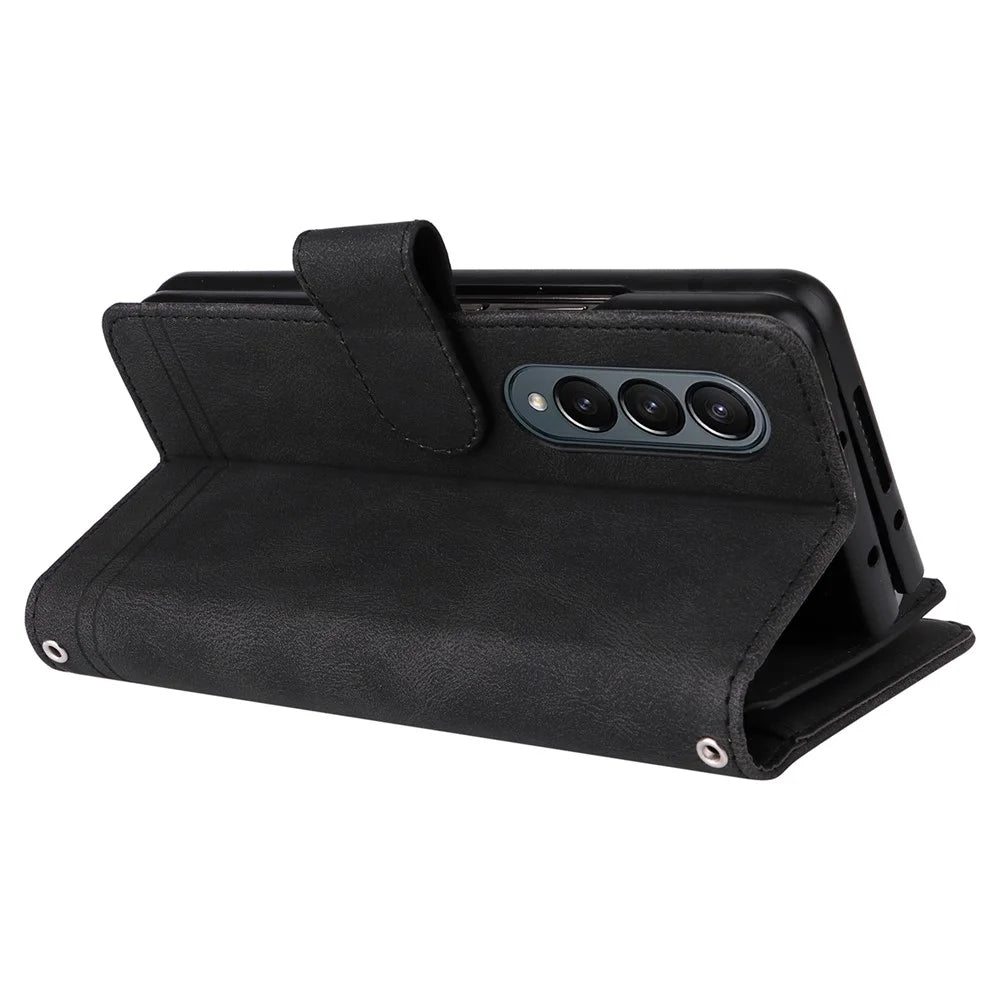For Samsung Galaxy Z Fold4 5G Shockproof Zipper Pocket Phone Case Imprinted Skin-touch Wallet Stand PU Leather Cell Phone Cover with Multiple Card Slots - Black - 4