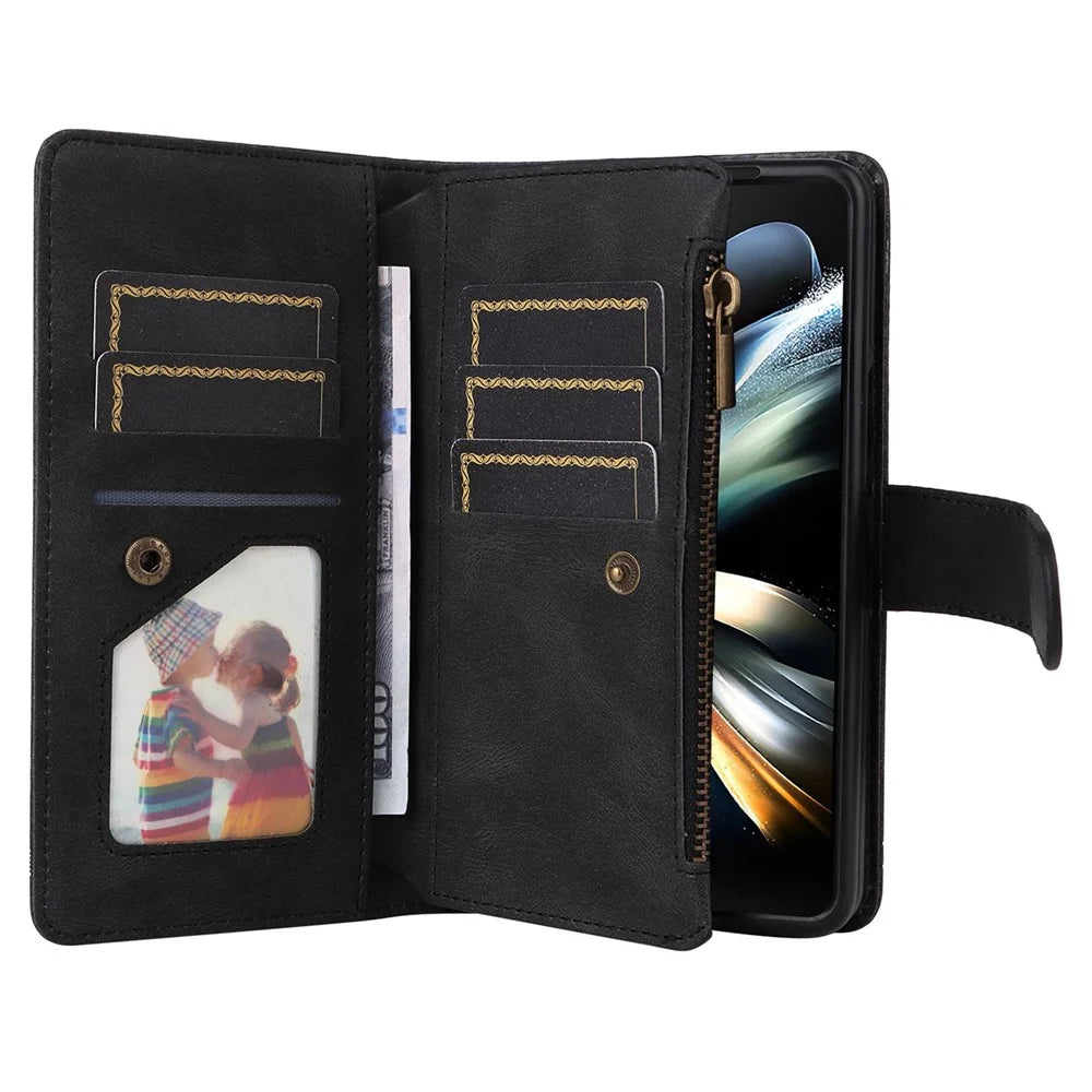 For Samsung Galaxy Z Fold4 5G Shockproof Zipper Pocket Phone Case Imprinted Skin-touch Wallet Stand PU Leather Cell Phone Cover with Multiple Card Slots - Black - 5