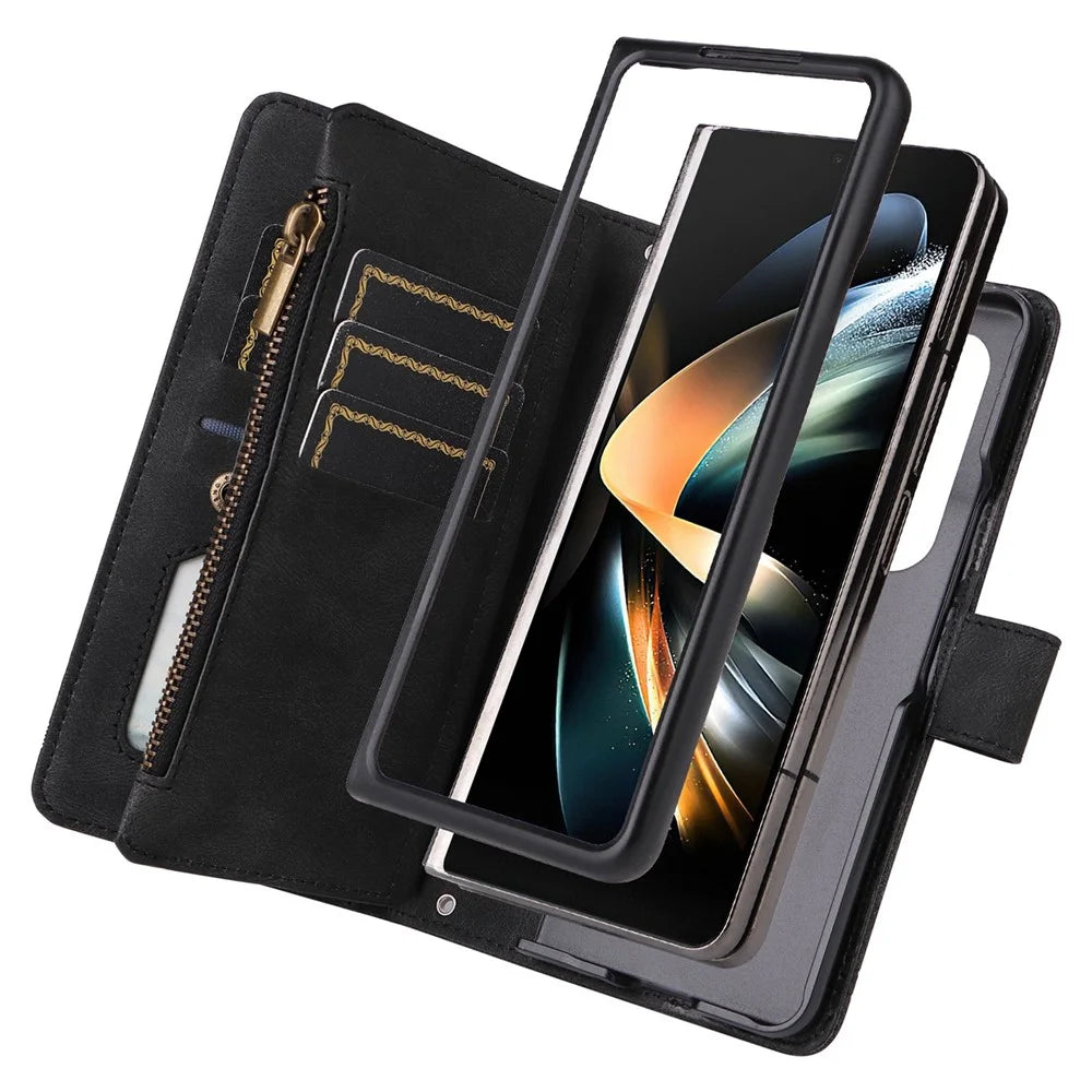 For Samsung Galaxy Z Fold4 5G Shockproof Zipper Pocket Phone Case Imprinted Skin-touch Wallet Stand PU Leather Cell Phone Cover with Multiple Card Slots - Black - 6