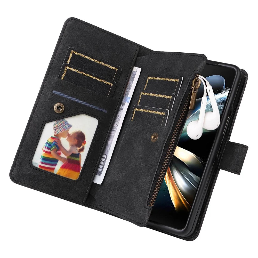 For Samsung Galaxy Z Fold4 5G Shockproof Zipper Pocket Phone Case Imprinted Skin-touch Wallet Stand PU Leather Cell Phone Cover with Multiple Card Slots - Black - 7