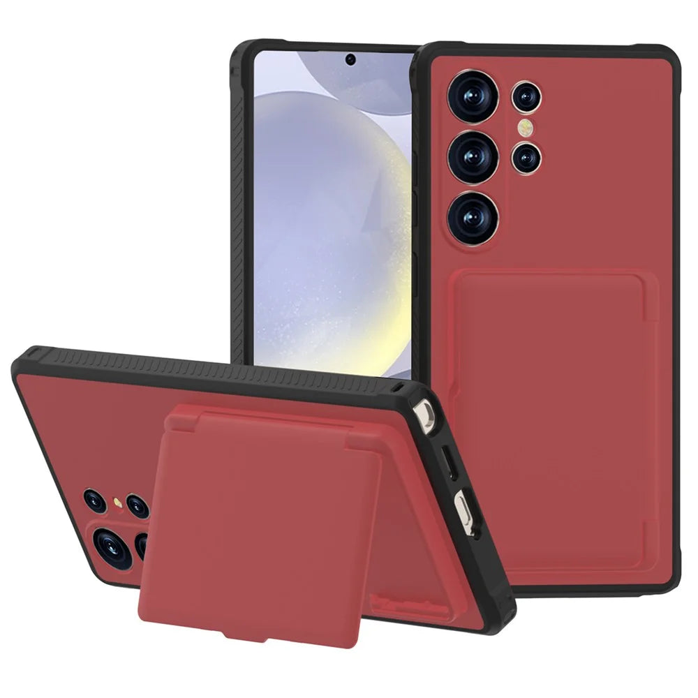 For Samsung Galaxy S25 Ultra Case with Card Holder Hidden Mirror PC + TPU Kickstand Phone Cover - Red - 1