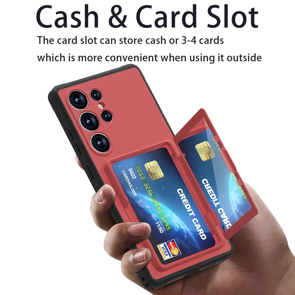 For Samsung Galaxy S25 Ultra Case with Card Holder Hidden Mirror PC + TPU Kickstand Phone Cover - Red - 2