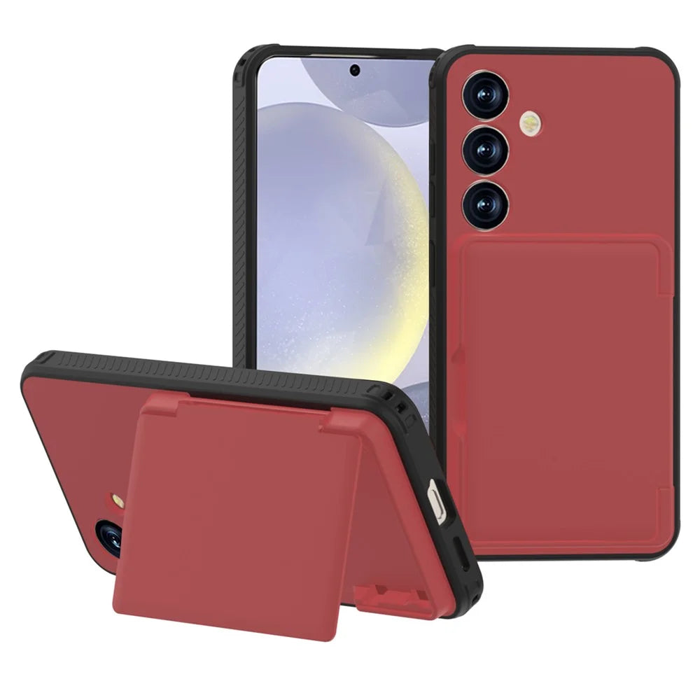 For Samsung Galaxy S25+ Case with Card Holder Hidden Mirror PC + TPU Kickstand Phone Cover - Red - 1
