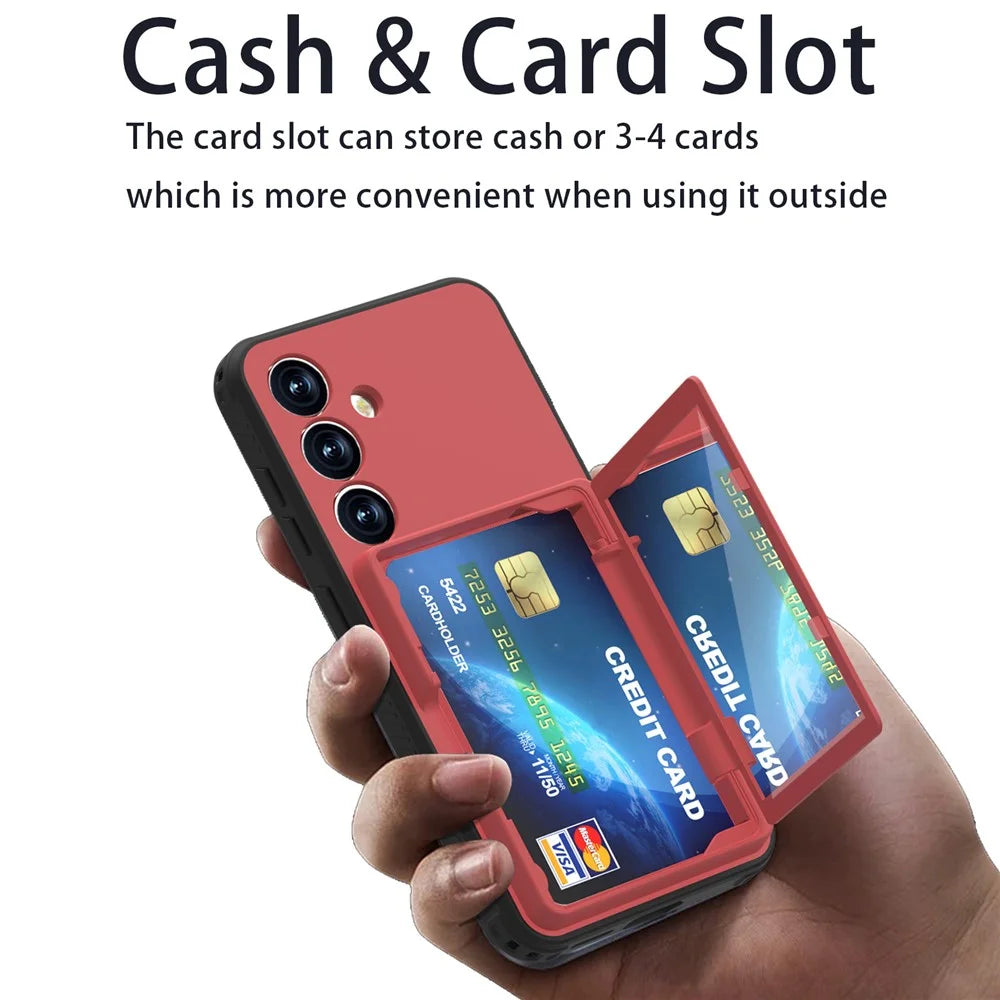 For Samsung Galaxy S25+ Case with Card Holder Hidden Mirror PC + TPU Kickstand Phone Cover - Red - 2