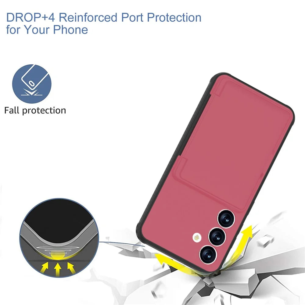For Samsung Galaxy S25+ Case with Card Holder Hidden Mirror PC + TPU Kickstand Phone Cover - Red - 3