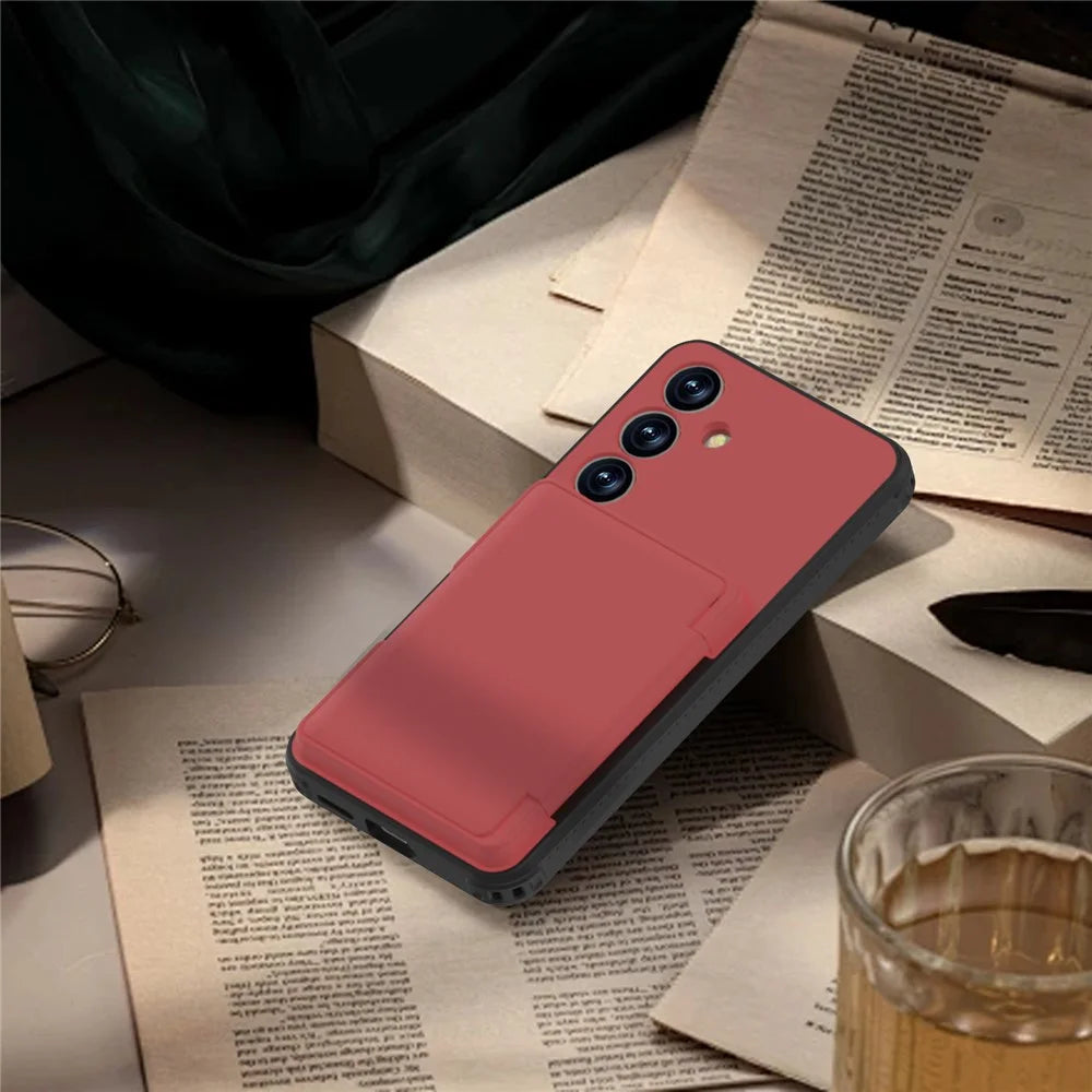 For Samsung Galaxy S25+ Case with Card Holder Hidden Mirror PC + TPU Kickstand Phone Cover - Red - 4