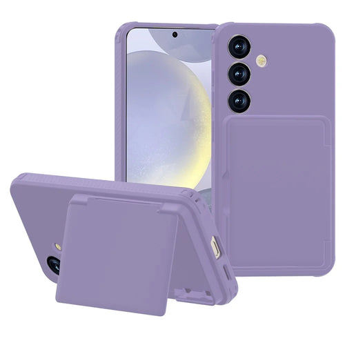 For Samsung Galaxy S25 Case with Card Holder Hidden Mirror PC + TPU Kickstand Phone Cover - Light Purple - 1