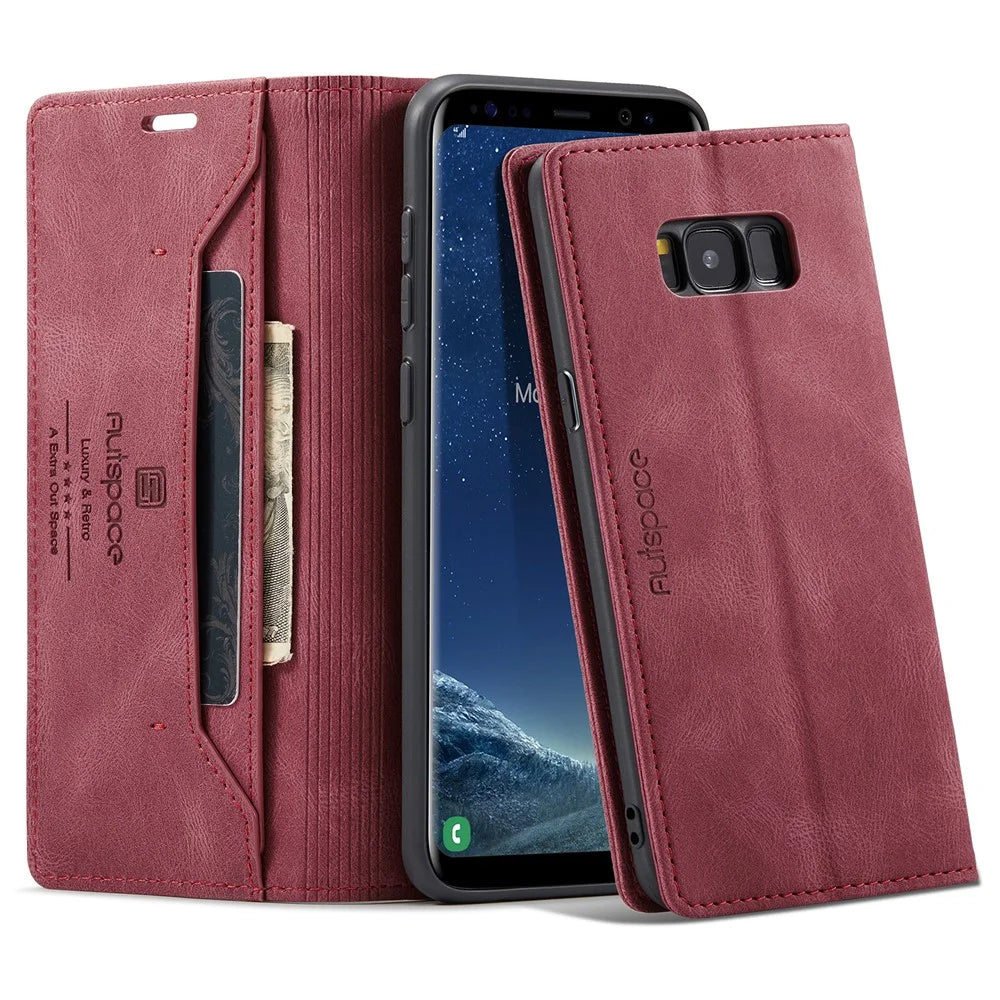 AUTSPACE For Samsung Galaxy S8+ Wallet Case  A01 Leather Stand Cover with RFID Blocking Card Holder - Red - 1
