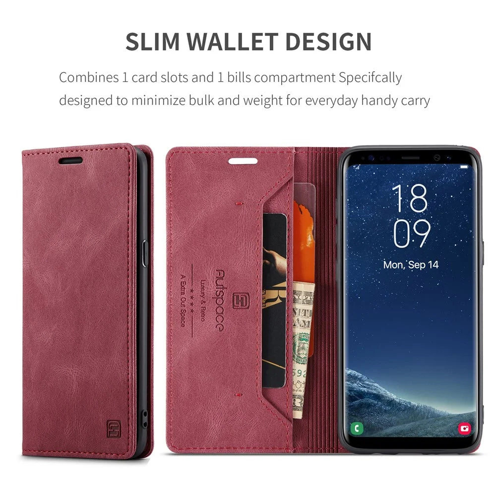 AUTSPACE For Samsung Galaxy S8+ Wallet Case  A01 Leather Stand Cover with RFID Blocking Card Holder - Red - 5