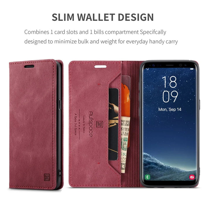 AUTSPACE For Samsung Galaxy S8+ Wallet Case  A01 Leather Stand Cover with RFID Blocking Card Holder - Red - 5