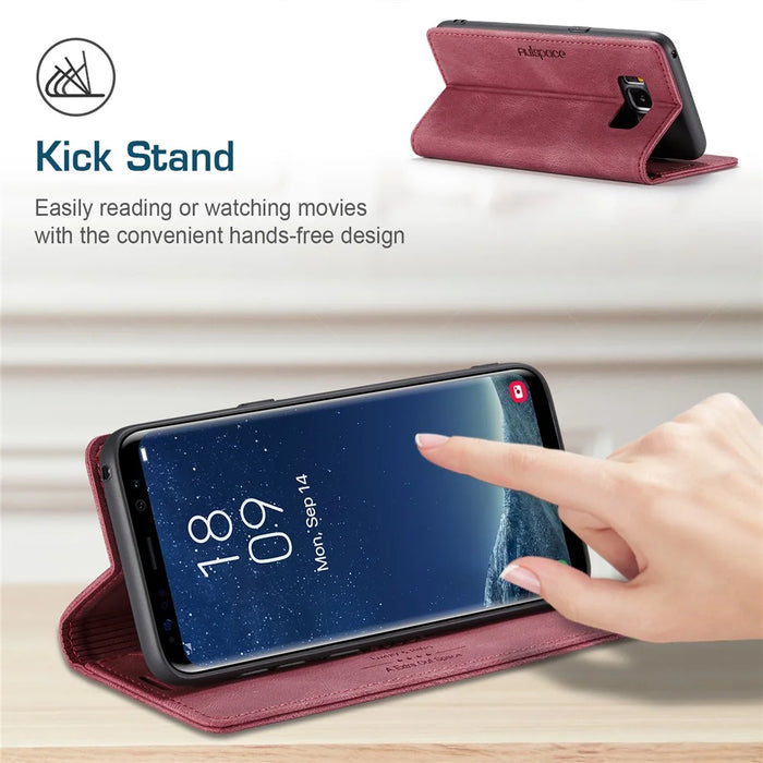 AUTSPACE For Samsung Galaxy S8+ Wallet Case  A01 Leather Stand Cover with RFID Blocking Card Holder - Red - 6