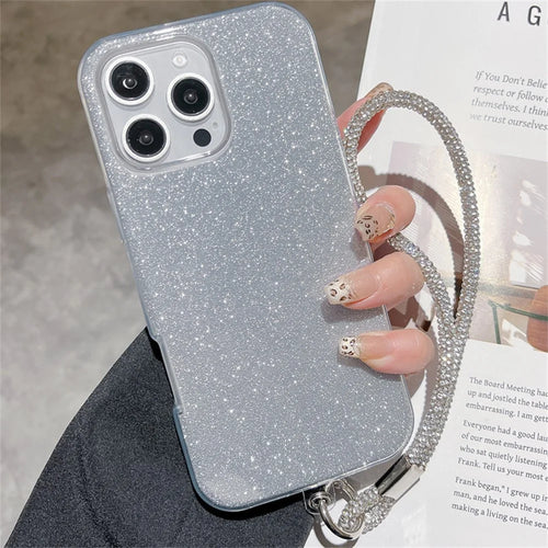 For iPhone 16 Pro Case with Wrist Strap TPU Phone Back Cover Glitter Design - Silver - 1