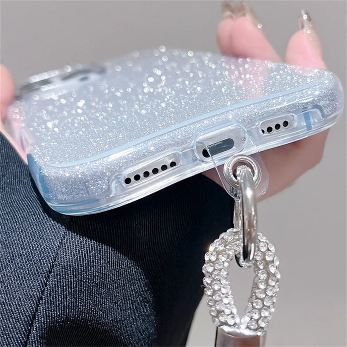For iPhone 16 Pro Case with Wrist Strap TPU Phone Back Cover Glitter Design - Silver - 4