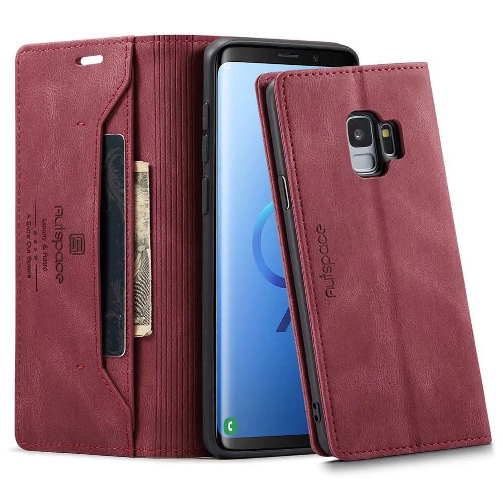 AUTSPACE For Samsung Galaxy S9 Wallet Case  A01 Leather Stand Cover with RFID Blocking Card Holder - Red - 1