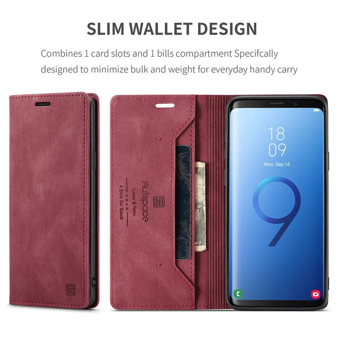 AUTSPACE For Samsung Galaxy S9 Wallet Case  A01 Leather Stand Cover with RFID Blocking Card Holder - Red - 5