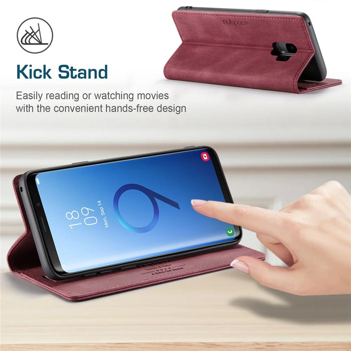 AUTSPACE For Samsung Galaxy S9 Wallet Case  A01 Leather Stand Cover with RFID Blocking Card Holder - Red - 6
