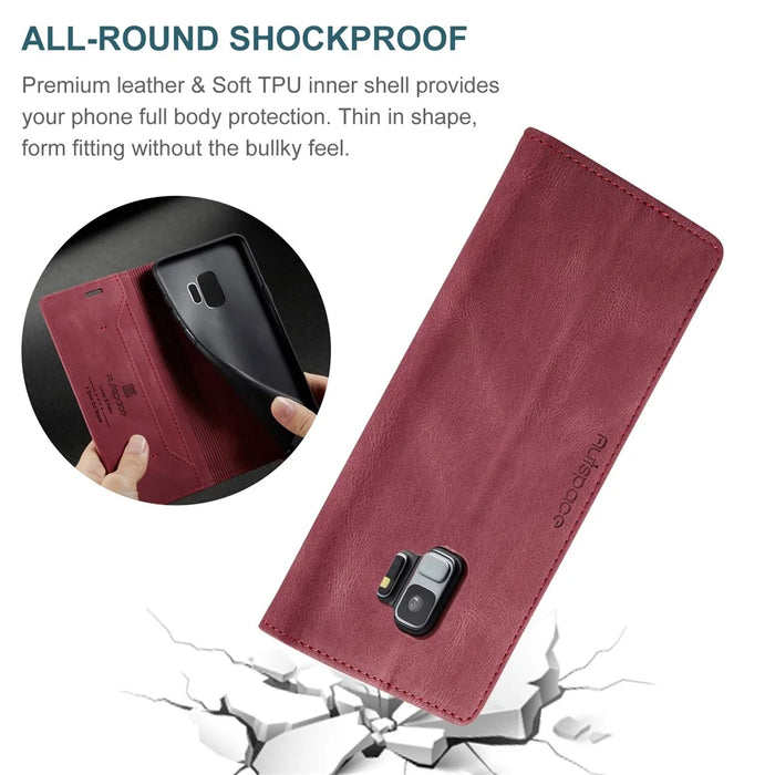AUTSPACE For Samsung Galaxy S9 Wallet Case  A01 Leather Stand Cover with RFID Blocking Card Holder - Red - 7