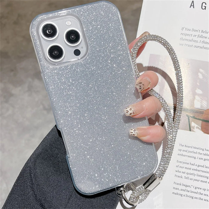 For iPhone 16 Pro Max Case with Wrist Strap TPU Phone Back Cover Glitter Design - Silver - 1