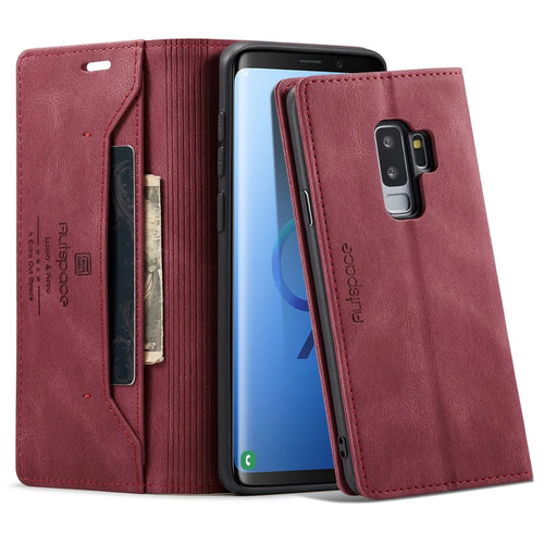 AUTSPACE For Samsung Galaxy S9+ Wallet Case  A01 Leather Stand Cover with RFID Blocking Card Holder - Red - 1
