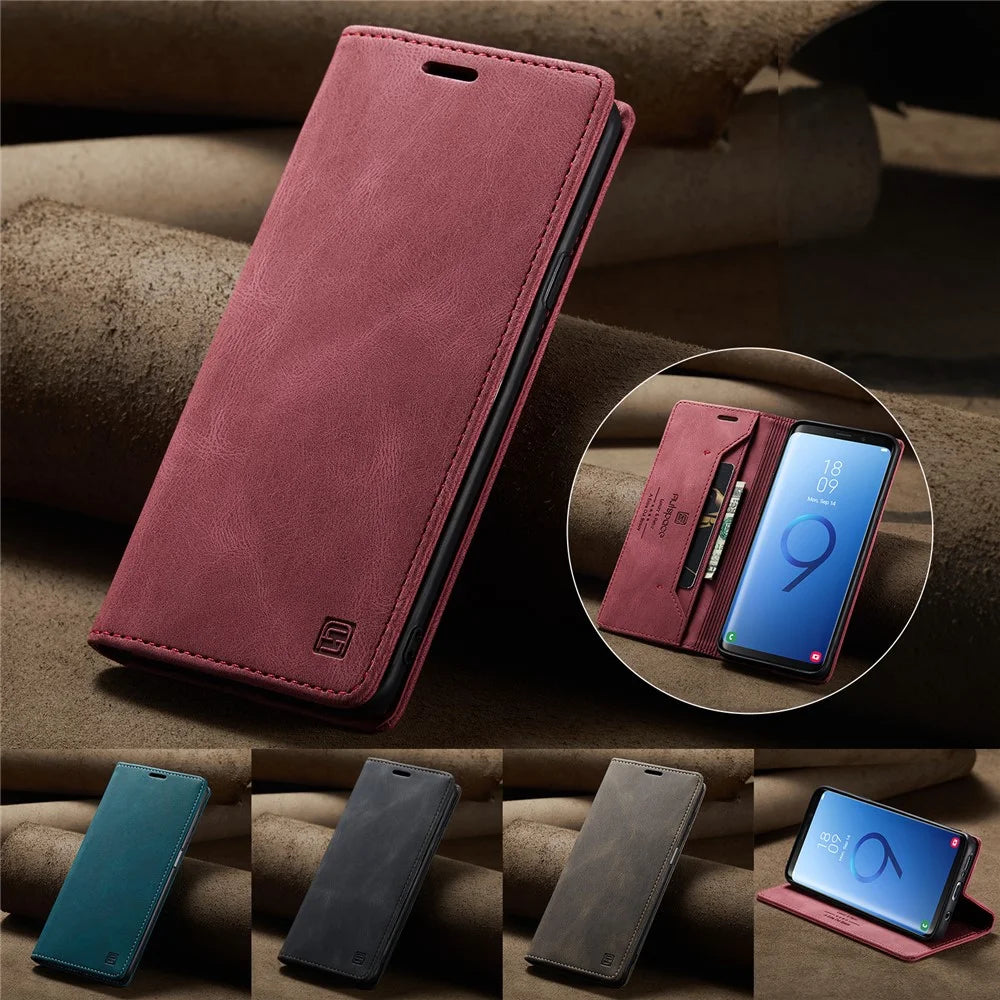 AUTSPACE For Samsung Galaxy S9+ Wallet Case  A01 Leather Stand Cover with RFID Blocking Card Holder - Red - 4