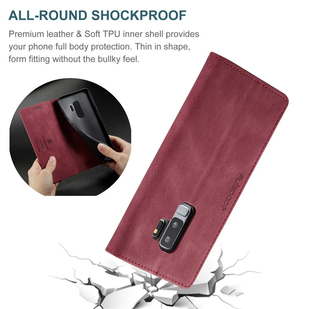 AUTSPACE For Samsung Galaxy S9+ Wallet Case  A01 Leather Stand Cover with RFID Blocking Card Holder - Red - 7