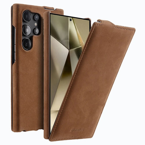 MELKCO For Samsung	Galaxy S25 Ultra Case Vertical Flip Genuine Cow Leather + PC Shockproof Phone Cover - Brown - 1