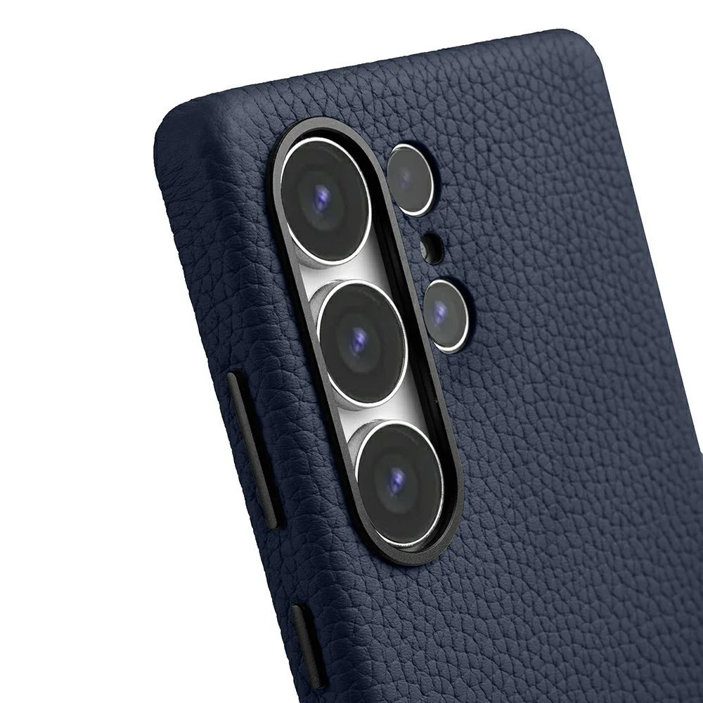 MELKCO For Samsung Galaxy S25 Ultra Case Genuine Cow Leather + PC Anti Drop Phone Back Cover - Dark Blue - 4