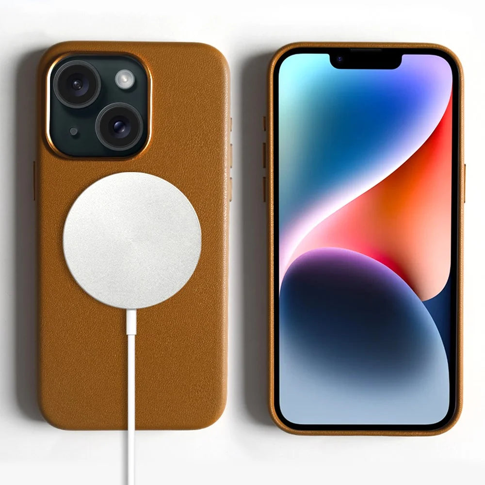 For iPhone 14 Magnetic Case Eco-Friendly RPET Leather Phone Back Cover GRS Certified - Light Brown - 1